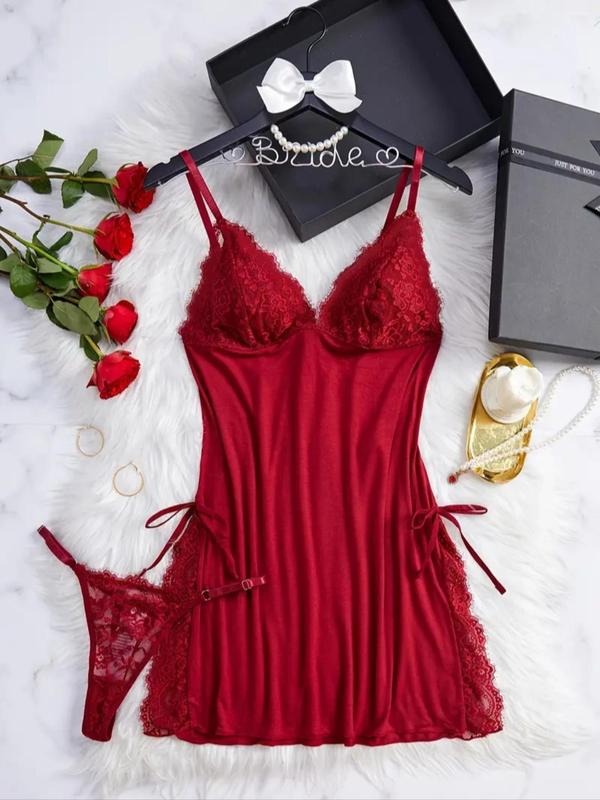 Women's Solid Color V Neck Contrast Lace Bow Decor Cami Nightdress & Panty Two-piece Set, Sexy Comfy Backless Split Hem Adjustable Spaghetti Strap Nightgown & Ring Linked Panty Set, Women's Sleepwear for All Seasons