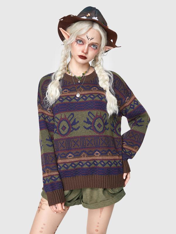 ROMWE Fairycore Vintage Nature-Inspired Round Neck All-Over Print Long Sleeve Sweater Fit Knitwear christmas outfit 2024