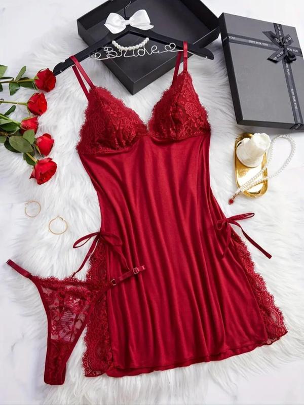 Women's Solid Color V Neck Contrast Lace Bow Decor Cami Nightdress & Panty Two-piece Set, Sexy Comfy Backless Split Hem Adjustable Spaghetti Strap Nightgown & Ring Linked Panty Set, Women's Sleepwear for All Seasons