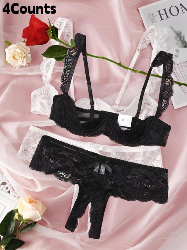 Women's Floral Lace Bra & Bow Decor Underwear Set, Sexy Comfy Breathable Lingerie Set for Daily Wear, Women's Underwear Set for All Seasons