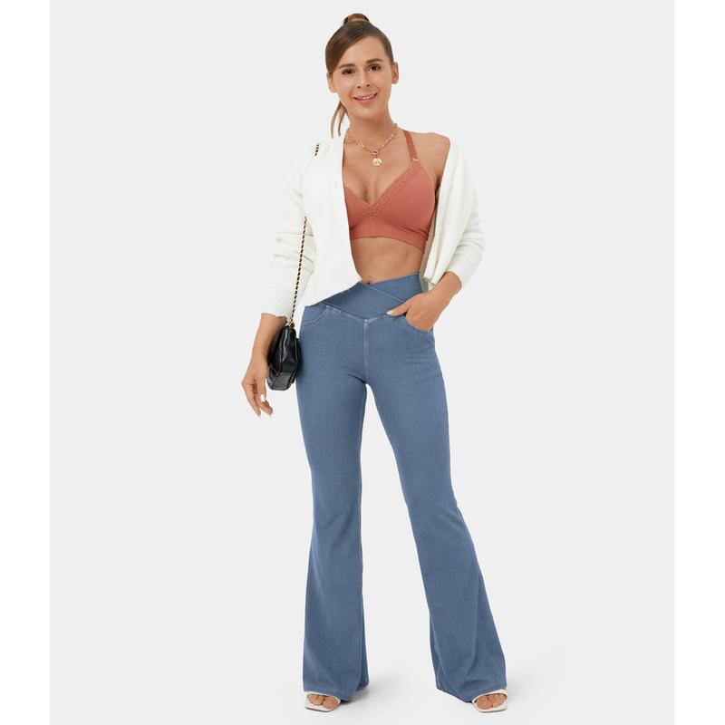 Halara Halara Flex™ High Waisted Crossover Pocket Cool Touch Washed Stretchy Knit Casual Super Flare Jeans