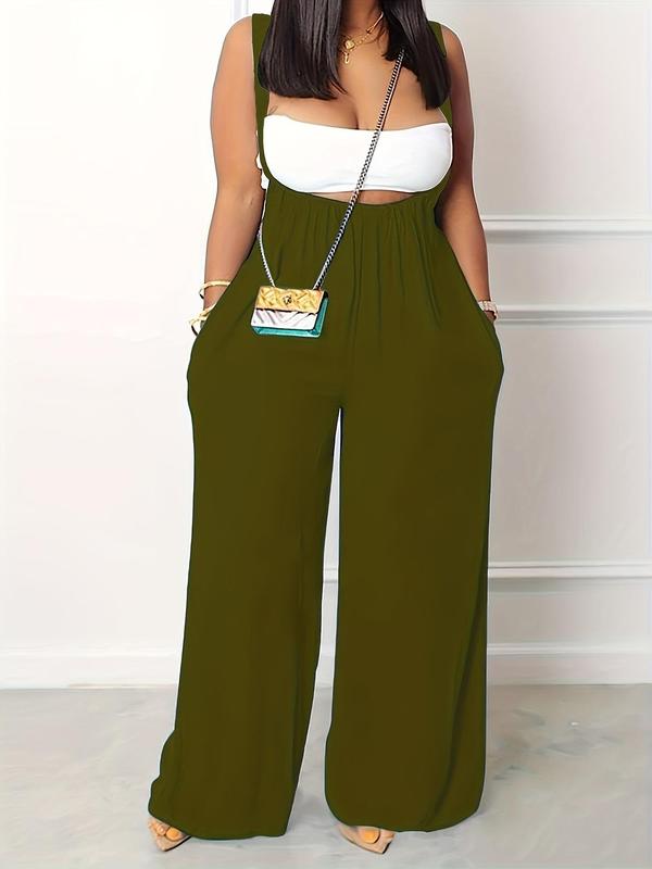  Solid Pocket Wide Leg Suspender Pants, Summer Outfits 2024 for Work, Fall Outfits, Casual Comfy Tie Back Suspender Pants Bottoms for Daily Wear, Women's Plus Clothing for Fall & Winter, Downtown Girl Clothes