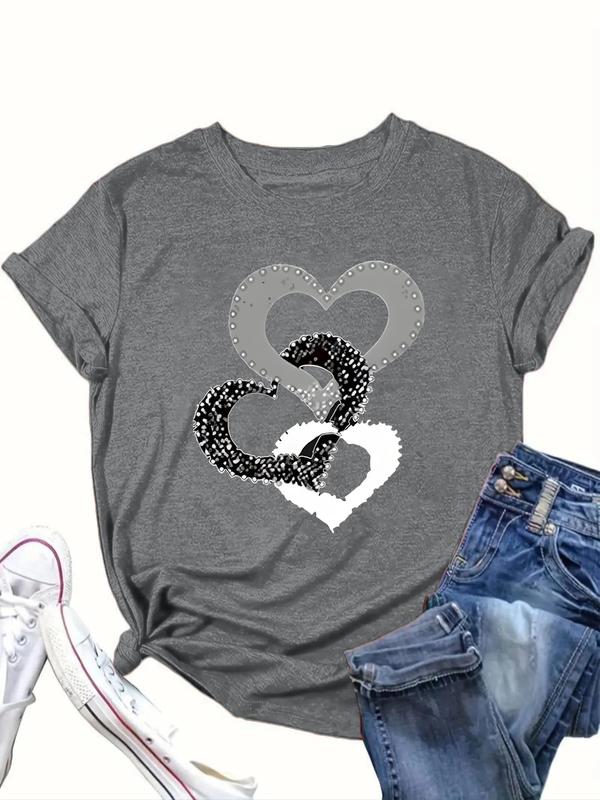  Heart Print Round Neck Tee, Casual Short Sleeve Crew Neck T-shirt for Daily Wear, Women Clothing for All Seasons