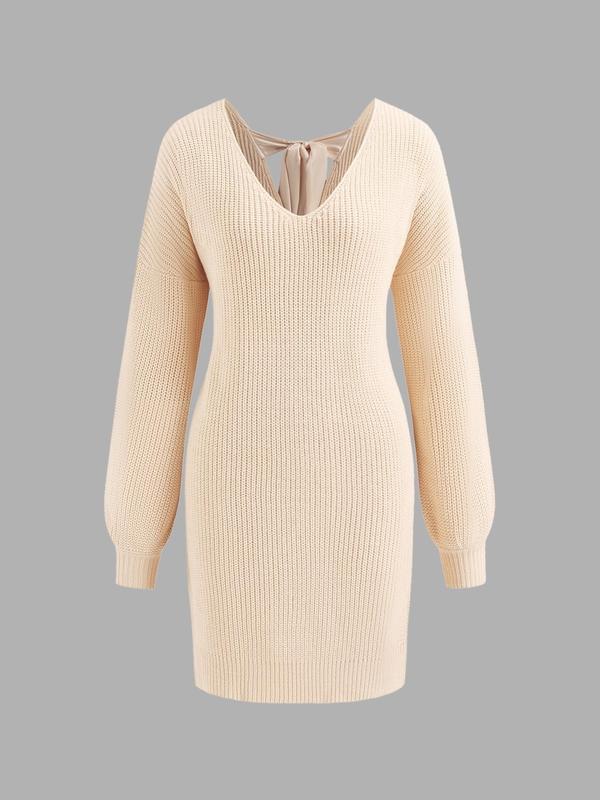 YOZY Women's Plain Tie Back Drop Shoulder Sweater Dress, Elegant Long Sleeve V Neck Short Dress for Fall & Winter, Women's Knitwear for Daily Wear