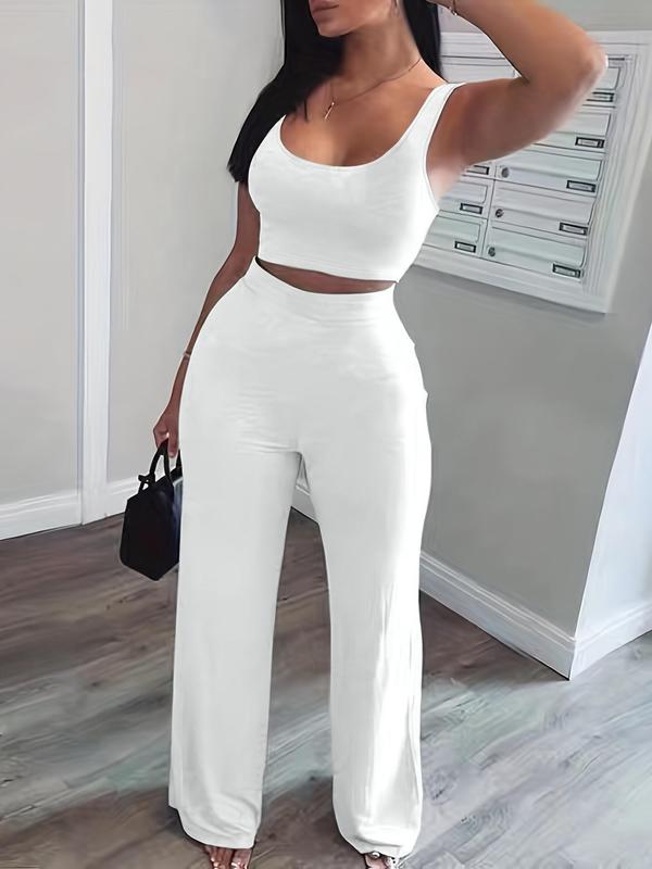 Women's Solid Scoop Neck Crop Tank Top & Elastic Waist Pants, Summer Clothes, Mufti Clothes, Workout Set, Sweatsuits for Women, Back To School Outfits, Apple Shape Outfits, Fall Outfits Clothes Set, Please Purchase A Size Up