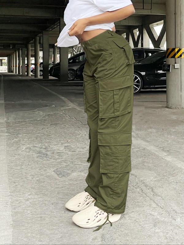 Women's Plain Button Pocket Cargo Pants, Casual Street Drawstring Trousers for Daily Wear, Ladies Bottoms for All Seasons