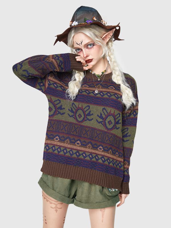 ROMWE Fairycore Vintage Nature-Inspired Round Neck All-Over Print Long Sleeve Sweater Fit Knitwear christmas outfit 2024