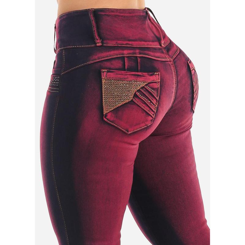 MX JEANS Butt Lift Mid Rise Bootcut Jeans Acid Wash Red