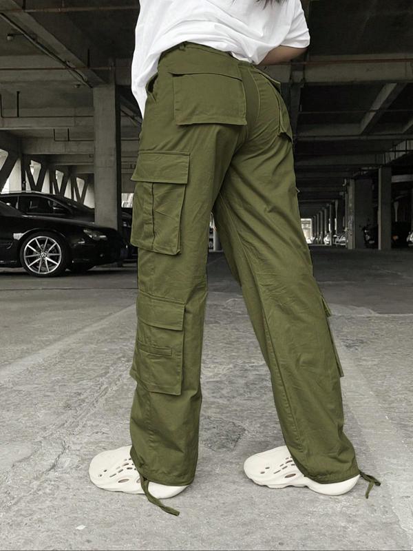 Women's Plain Button Pocket Cargo Pants, Casual Street Drawstring Trousers for Daily Wear, Ladies Bottoms for All Seasons