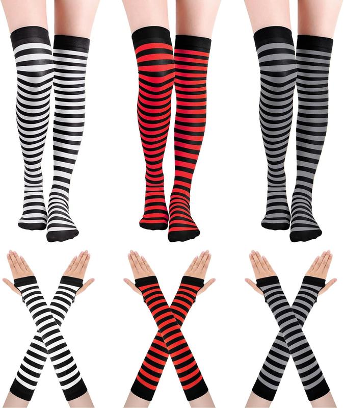 6 Pairs Women's Striped Knee High Socks Striped Thigh High Socks Arm Warmer Fingerless Gloves for  Party