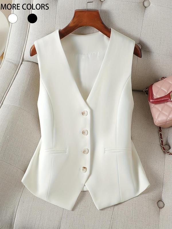 Women's Solid Button Front V Neck Vest Blazer, Casual Sleeveless Vest Jacket for Spring & Fall, Ladies Clothes for Daily Wear