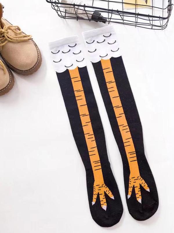 Women's 3 Pairs Cartoon Chicken Feet Print Over The Knee Socks, Cute Funny Comfy Breathable Socks for Daily Wear, Ladies Socks for All Seasons