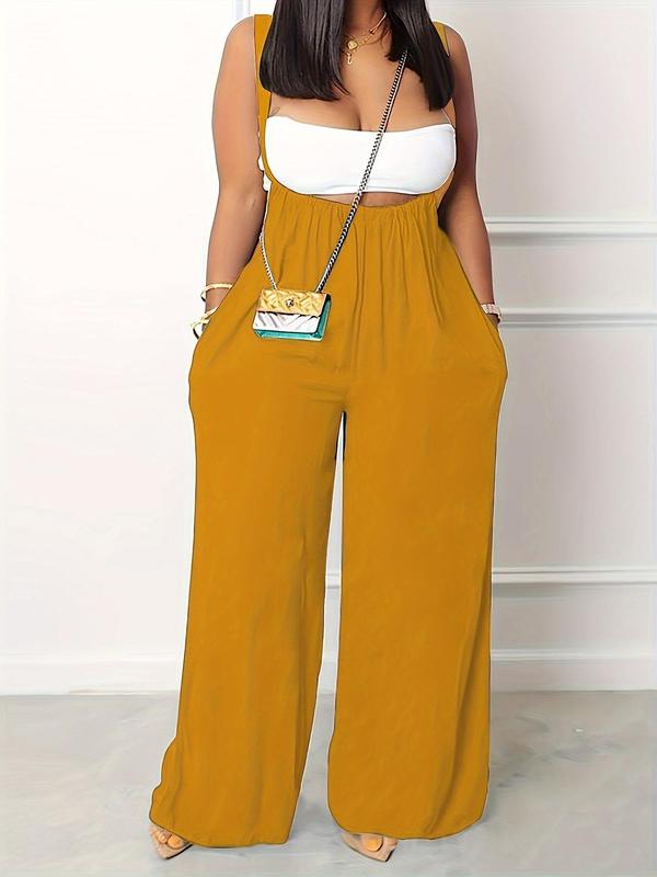  Solid Pocket Wide Leg Suspender Pants, Summer Outfits 2024 for Work, Fall Outfits, Casual Comfy Tie Back Suspender Pants Bottoms for Daily Wear, Women's Plus Clothing for Fall & Winter, Downtown Girl Clothes