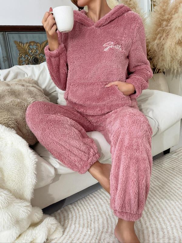 Women's Letter Embroidered Long Sleeve Plush Pajama Set, Casual Comfy Pocket Hooded Top & Pants Set, Women's Sleepwear for Fall & Winter