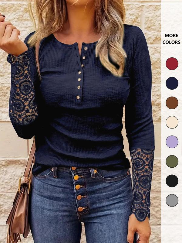 Women's Contrast Lace Long Sleeve Half Button Knit Top, Casual Round Neck Knitwear for Spring & Fall, Chic Knitting Tops, Fall Clothes, Women's Knit Clothing for Daily Wear, Downtown Girl Clothes