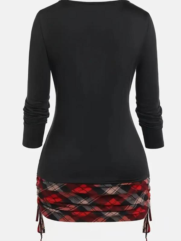 Women's Plaid Print 2 in 1 Ruched Drawstring Tee, Casual Cut Out Sweetheart Neck Long Sleeve T-shirt for Daily Wear, Ladies Clothes for All Seasons