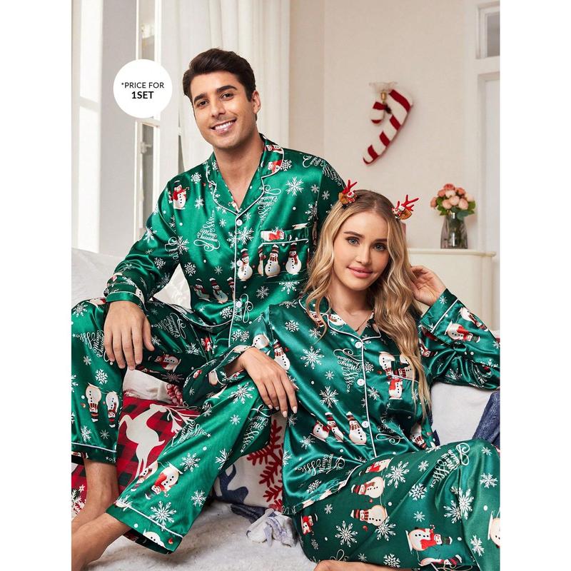 Manfinity Shein CoupledUp Christmas Elements Pattern Santa Snowman Faux Silk Men Pajamas Set Couple happy christmas matching christmas pajamas Wife family christmas pajamas Christmas Wife Long Sleeve Pants Long Sleeve Pants