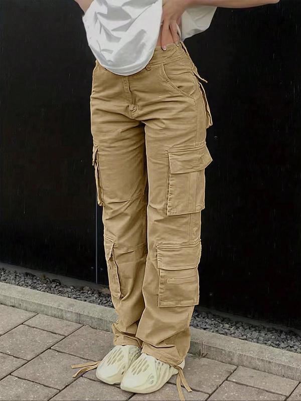 Women's Plain Button Pocket Cargo Pants, Casual Street Drawstring Trousers for Daily Wear, Ladies Bottoms for All Seasons