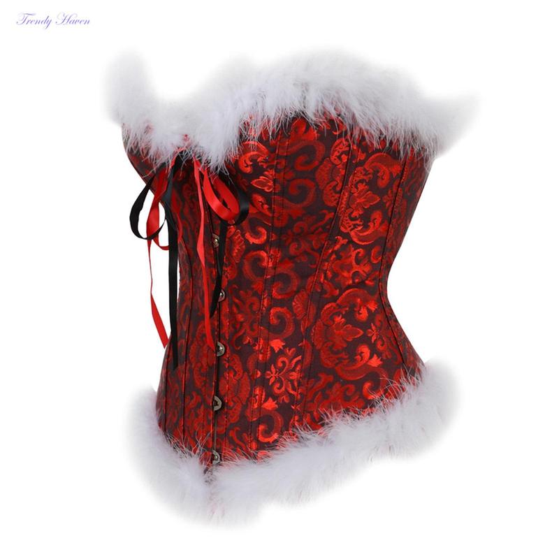 Christmas Ladies Corset Tops, Women Flower Printing Feathers Splicing Front Buckle Back Tie UpShapewear Cosplay Costume