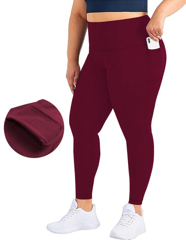 Plus Size Solid High Waist Pocket Leggings, Casual Wide Waistband Comfy Skinny Pants for Women, Women's Bottoms for Fall & Winter