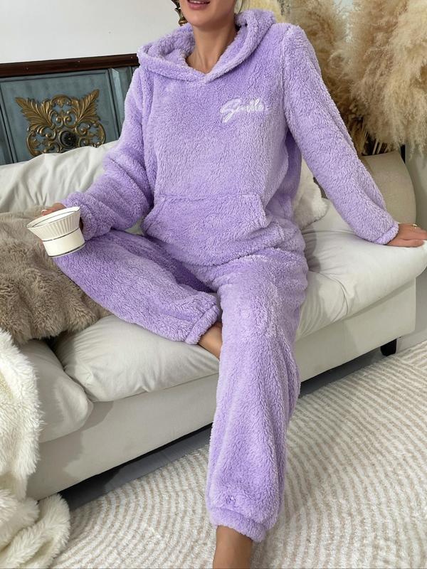 Women's Letter Embroidered Long Sleeve Plush Pajama Set, Casual Comfy Pocket Hooded Top & Pants Set, Women's Sleepwear for Fall & Winter