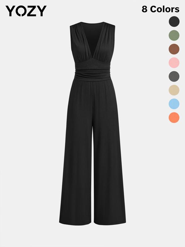 YOZY Christmas Deals, Deep V Neck Ruched Tank Jumpsuit, Sleeveless Wide Leg Jumpsuit, 2024 Women's Vacation & Holiday Wear for Evening Outfits on Holiday, Christmas 2024 Trend, Christmas Clothes, Fall&Winter Clothes, Christmas Gift Ideas