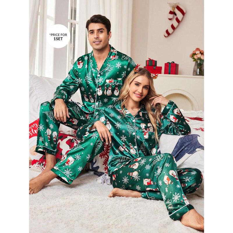 Manfinity Shein CoupledUp Christmas Elements Pattern Santa Snowman Faux Silk Men Pajamas Set Couple happy christmas matching christmas pajamas Wife family christmas pajamas Christmas Wife Long Sleeve Pants Long Sleeve Pants