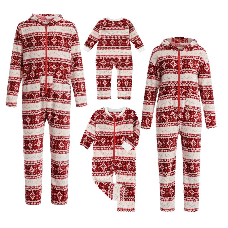 Christmas Family Romper Nightwear, Snowflake Print Long Sleeve O-neck Hooded Long Jumpsuit