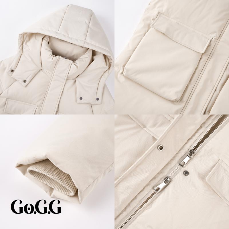 Go.G.G Mid Length Hooded Puffer Parka Womenswear Coats, Soft Button Front Full Zip with Big Pockets Women Jacket for Winter, Plain Color Long Sleeve Warm Outerwear