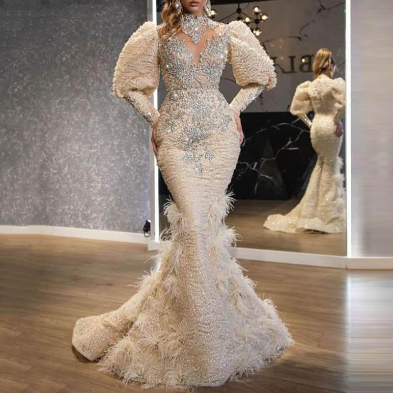 Colorful 2024 European and American New Women's Dress V-neck Feather Princess Dress Gold Long Mesh Evening Dress