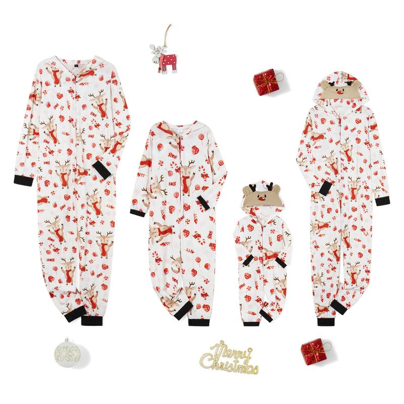 Family Matching Clothes Christmas Sleepwear, Cartoon Elk Snowman Print Long-Sleeve Zipper Hood  Jumpsuit