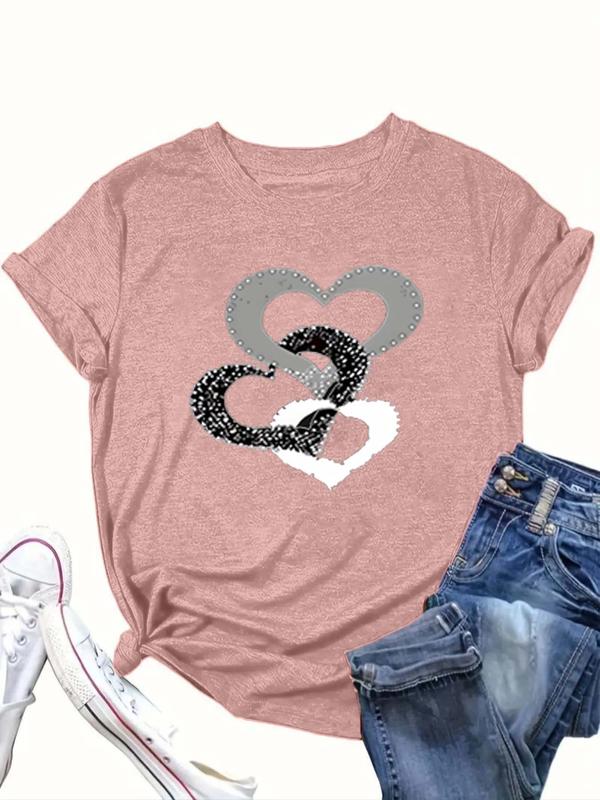  Heart Print Round Neck Tee, Casual Short Sleeve Crew Neck T-shirt for Daily Wear, Women Clothing for All Seasons