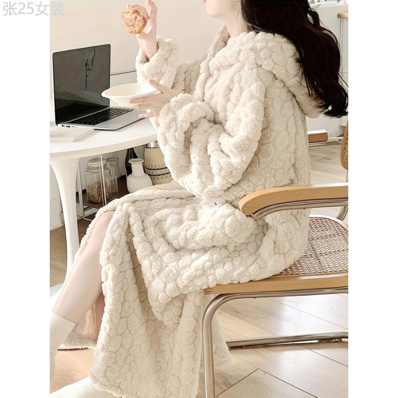 Cozy Fleece Jacquard Hooded Robe - Women's Long Sleeve Loose Fit Loungewear with Pockets - Soft, Thickened, and Plush for Ultimate Relaxation Fabric Nightwear Womenswear Collar