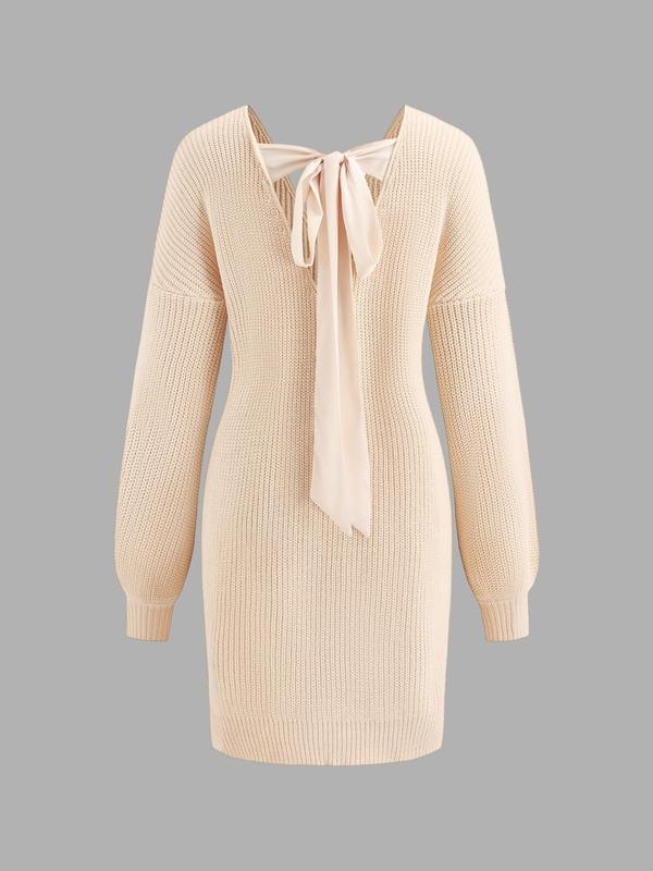 YOZY Women's Plain Tie Back Drop Shoulder Sweater Dress, Elegant Long Sleeve V Neck Short Dress for Fall & Winter, Women's Knitwear for Daily Wear