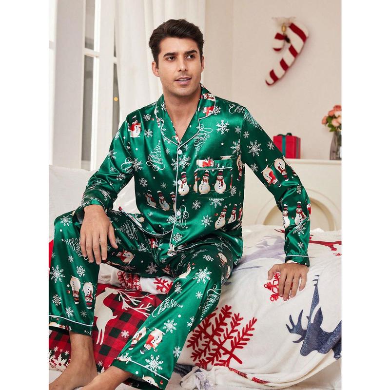 Manfinity Shein CoupledUp Christmas Elements Pattern Santa Snowman Faux Silk Men Pajamas Set Couple happy christmas matching christmas pajamas Wife family christmas pajamas Christmas Wife Long Sleeve Pants Long Sleeve Pants