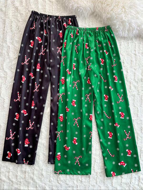 Women's Christmas Print Satin Pajama Pants, Casual Comfy Lounge Trousers for Fall & Winter, Women's Sleepwear for Indoor Wear