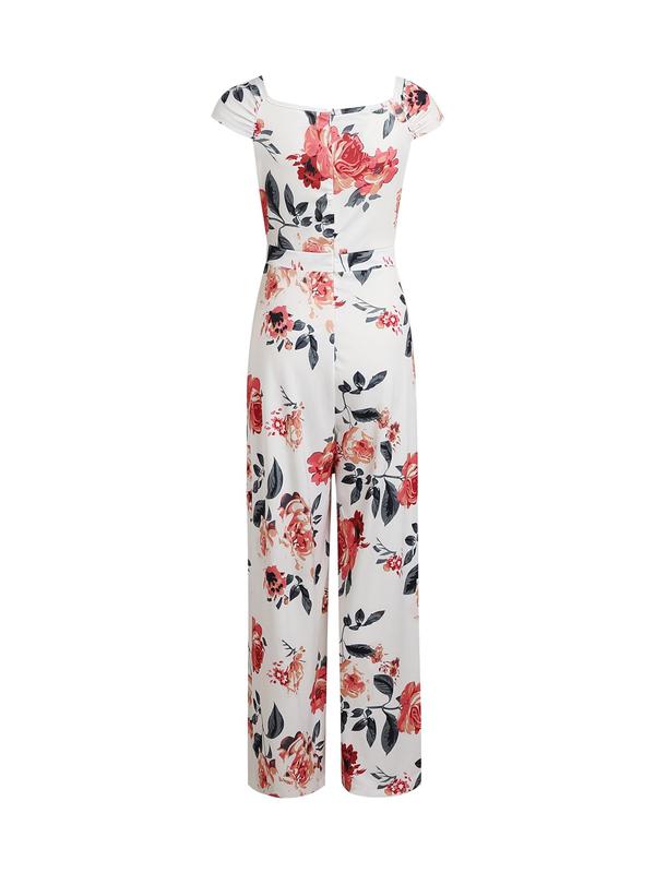 Women's Floral Print Wrap Wide Leg Jumpsuit, Boho Off The Shoulder Jumpsuit, Summer Outfits 2024, Back To School Outfits, Ladies Summer Clothes for Beach Vacation, Jumpsuits for Women, Holiday Outfits 2024 for Lady, Womenswear