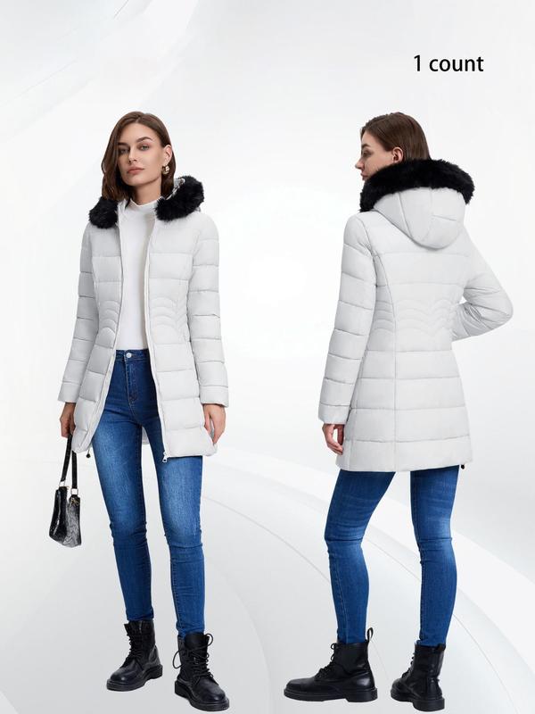 Women's Solid Color Contrast Faux Fur Hooded Quilted Jacket, Casual Long Sleeve Zip Up Outerwear for Fall & Winter, Ladies Clothes for Daily Wear