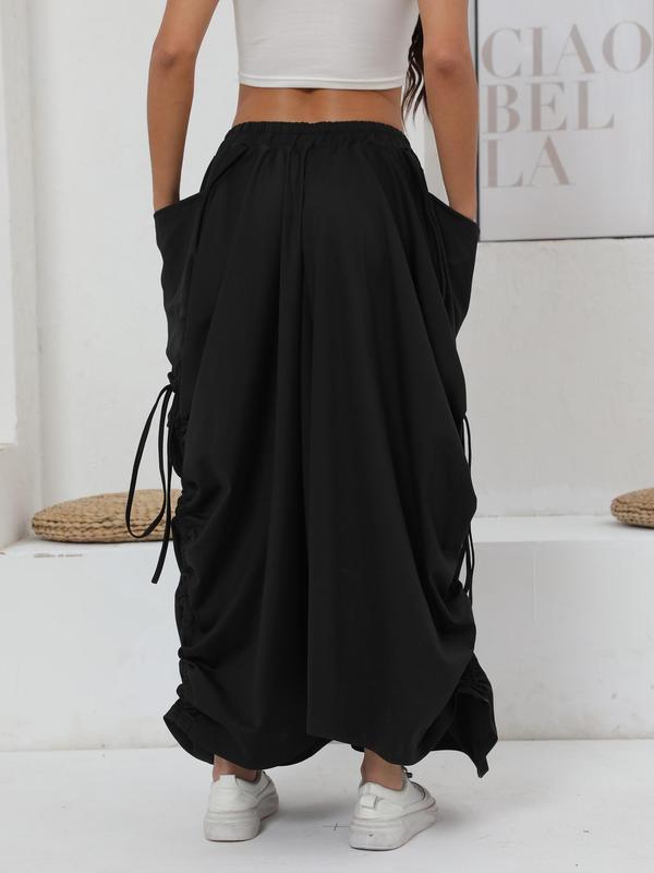 Women's Plain Ruched Drawstring Design Skirt, Street Fashion Casual Pocket Long Skirt for Daily Wear, Ladies Bottoms for All Seasons