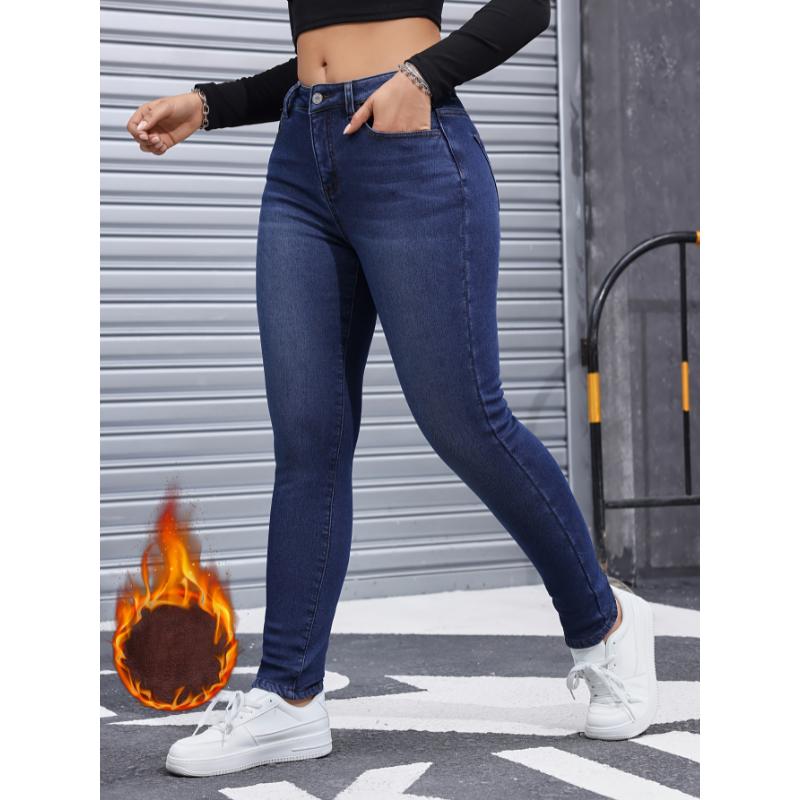 Winter Chic Plush Lined Skinny Fit Denim Jeans - Women's Stretchy Zipper Button Closure Blue Casual Style Pants with Comfortable Fabric and Flattering Fit - Perfect for Cold Weather Womenswear Bottom