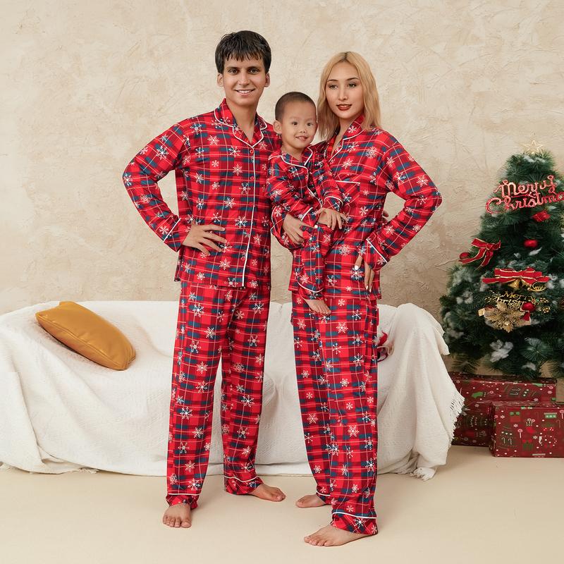 Red Family Matching Pajamas Christmas Snowflake Plaid Print Long Sleeve Button Tops and Casual Pants Xmas Pj's Clothes Homewear Sleepwear Loungewear Nightwear Womenswear Mum