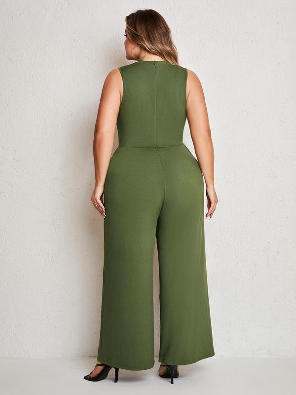 Plus Size Solid Pocket Wide Leg Tank Jumpsuit, Summer Clothes Women, Casual Sleeveless Round Neck Jumpsuit, Women's Plus Clothing for Daily Wear