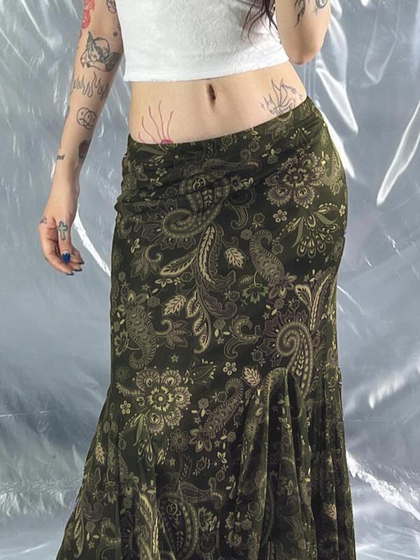 Women's Paisley Print High Waist Mermaid Skirt, Vintage Elegant Long Tulle Skirt for Party Holiday Wedding Guest, Ladies Bottoms for All Seasons, Going Out Outfits 2024