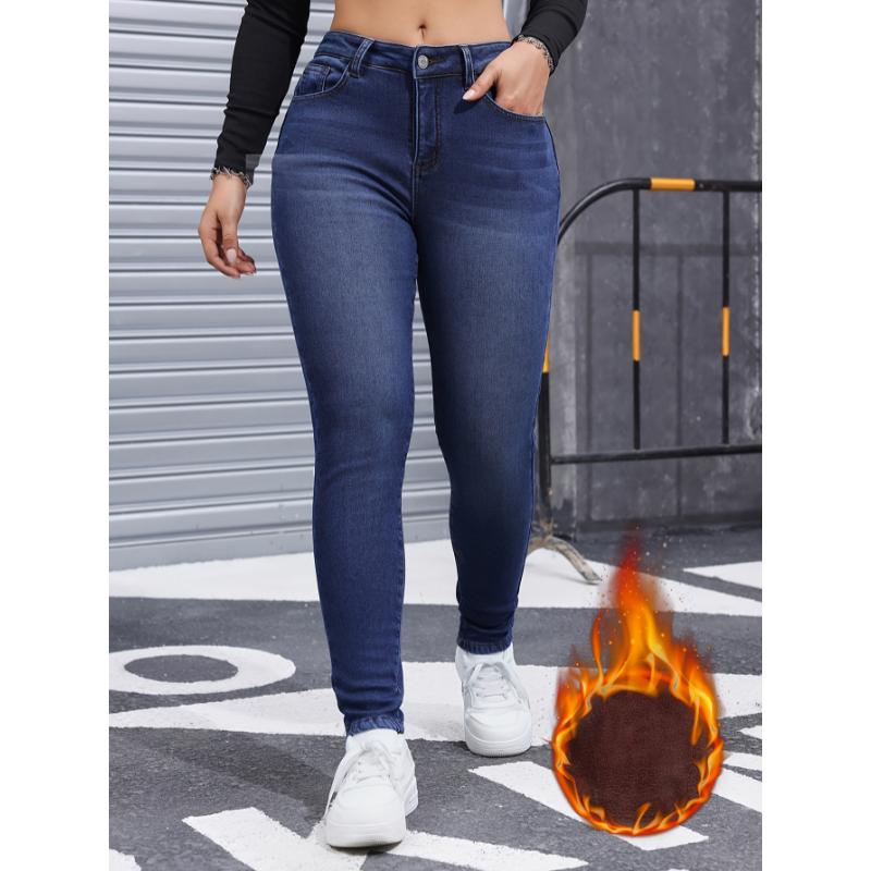 Winter Chic Plush Lined Skinny Fit Denim Jeans - Women's Stretchy Zipper Button Closure Blue Casual Style Pants with Comfortable Fabric and Flattering Fit - Perfect for Cold Weather Womenswear Bottom