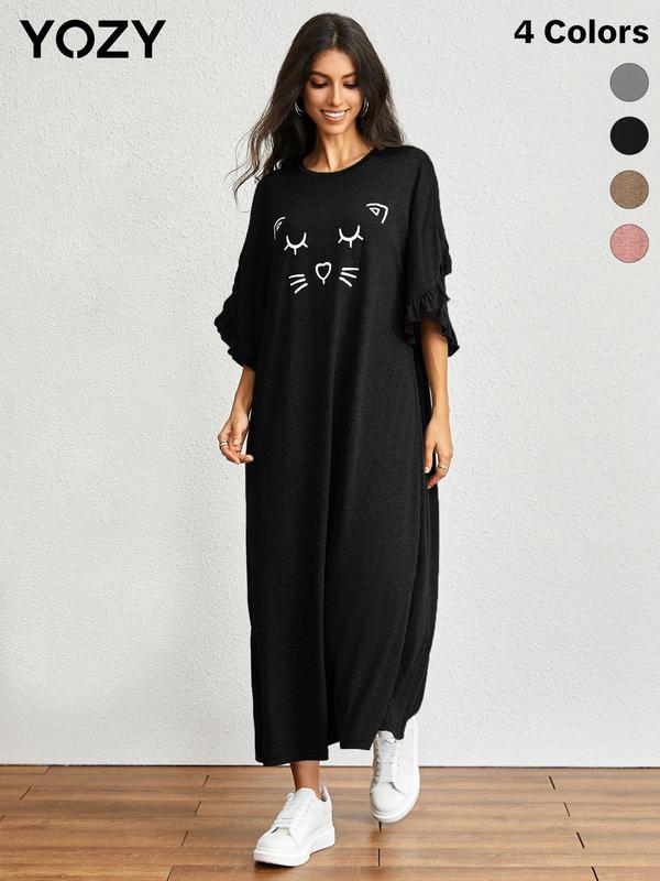 YOZY [4 colors] Cat Print Tee Dress, Loose Ruffle Trim Petal Sleeve Flattering Tummy Drop Shoulder Long Dresses, 2024 Women's Home Lounge Sleepwear for All Season