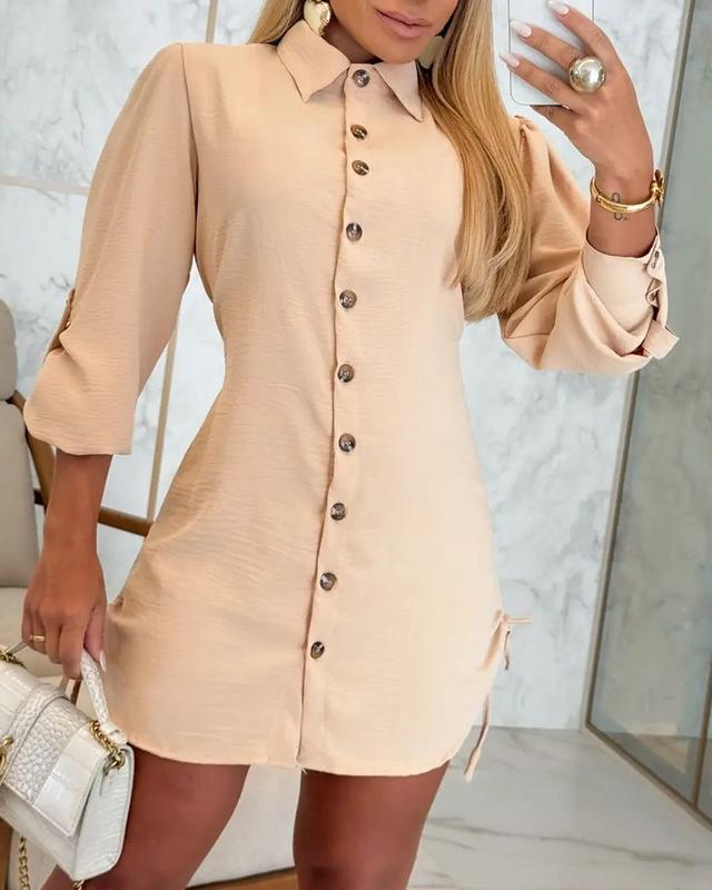 Chicme Side Drawstring Buttoned Roll Up Sleeve Shirt Dress