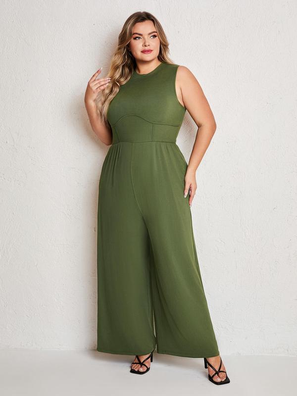 Plus Size Solid Pocket Wide Leg Tank Jumpsuit, Summer Clothes Women, Casual Sleeveless Round Neck Jumpsuit, Women's Plus Clothing for Daily Wear