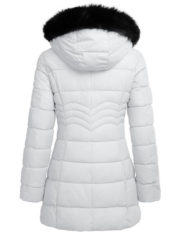 Women's Solid Color Contrast Faux Fur Hooded Quilted Jacket, Casual Long Sleeve Zip Up Outerwear for Fall & Winter, Ladies Clothes for Daily Wear