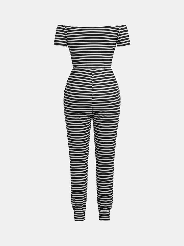 YOZY Women's Striped Print Off Shoulder Drawstring Jumpsuit, Casual Pocket Design Short Sleeve Jumpsuit for Daily Wear, Ladies Clothes for All Seasons