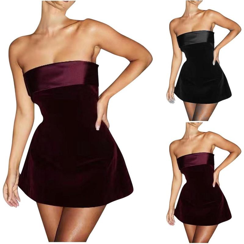 Women Elegant Velvet Satin Tube Mini Dress Sexy Strapless Off Shoulder Slim Flare Y2k Short Party Homecomming Dress